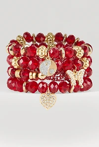 Womens Yin Yang Charm Beaded Stretch Bracelets Set of 4, Red
