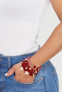 Womens Yin Yang Charm Beaded Stretch Bracelets Set of 4, Red