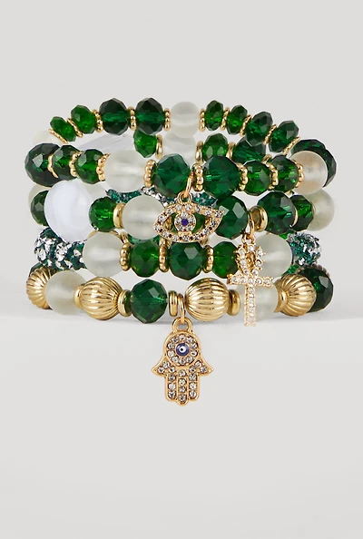 Rhinestone Charm Beaded Stretch Bracelets Set of