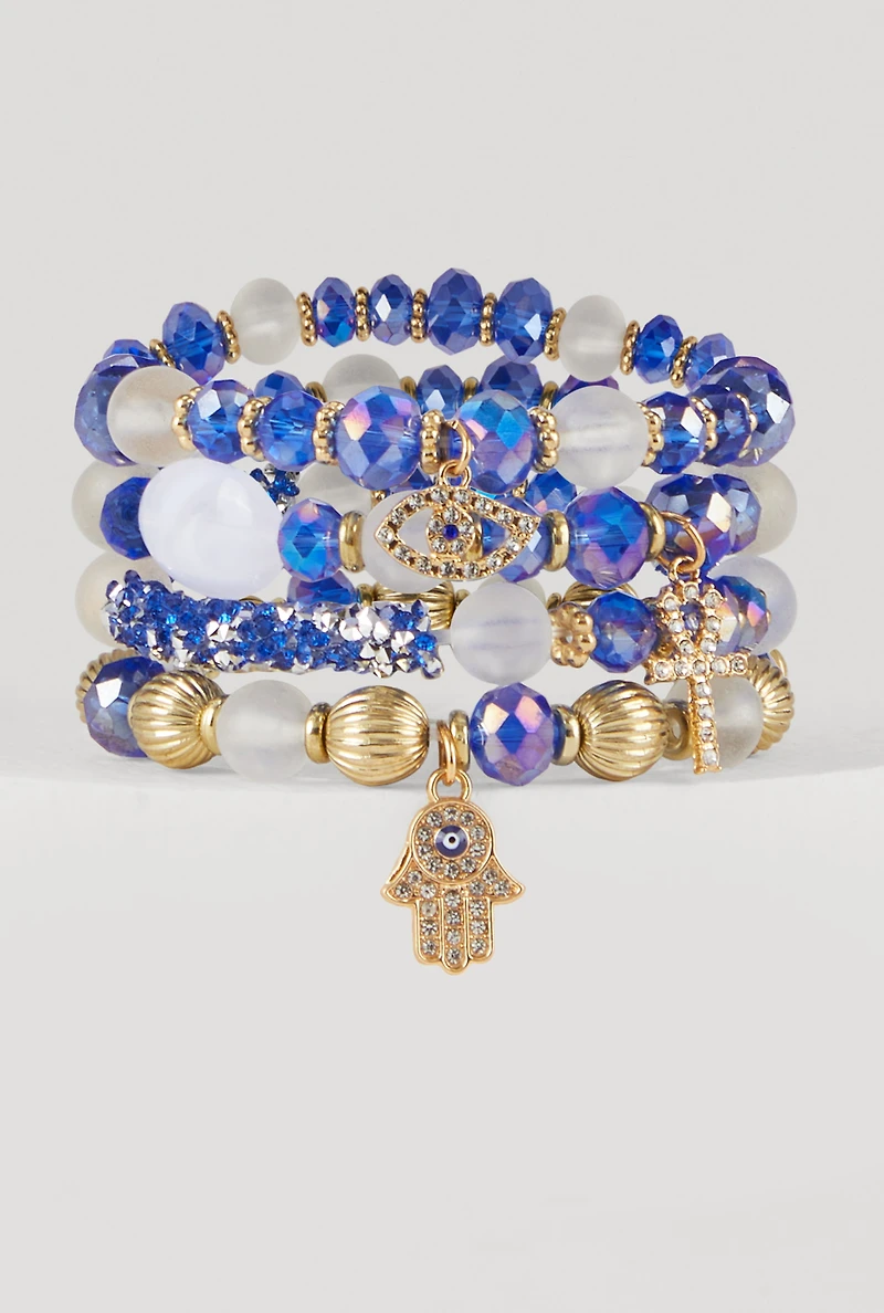 Rhinestone Charm Beaded Stretch Bracelets Set of