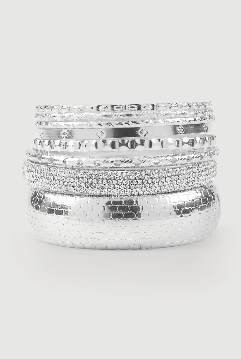 Womens Assorted Cubic Zirconia Metallic Bangles Set of 7, Silver
