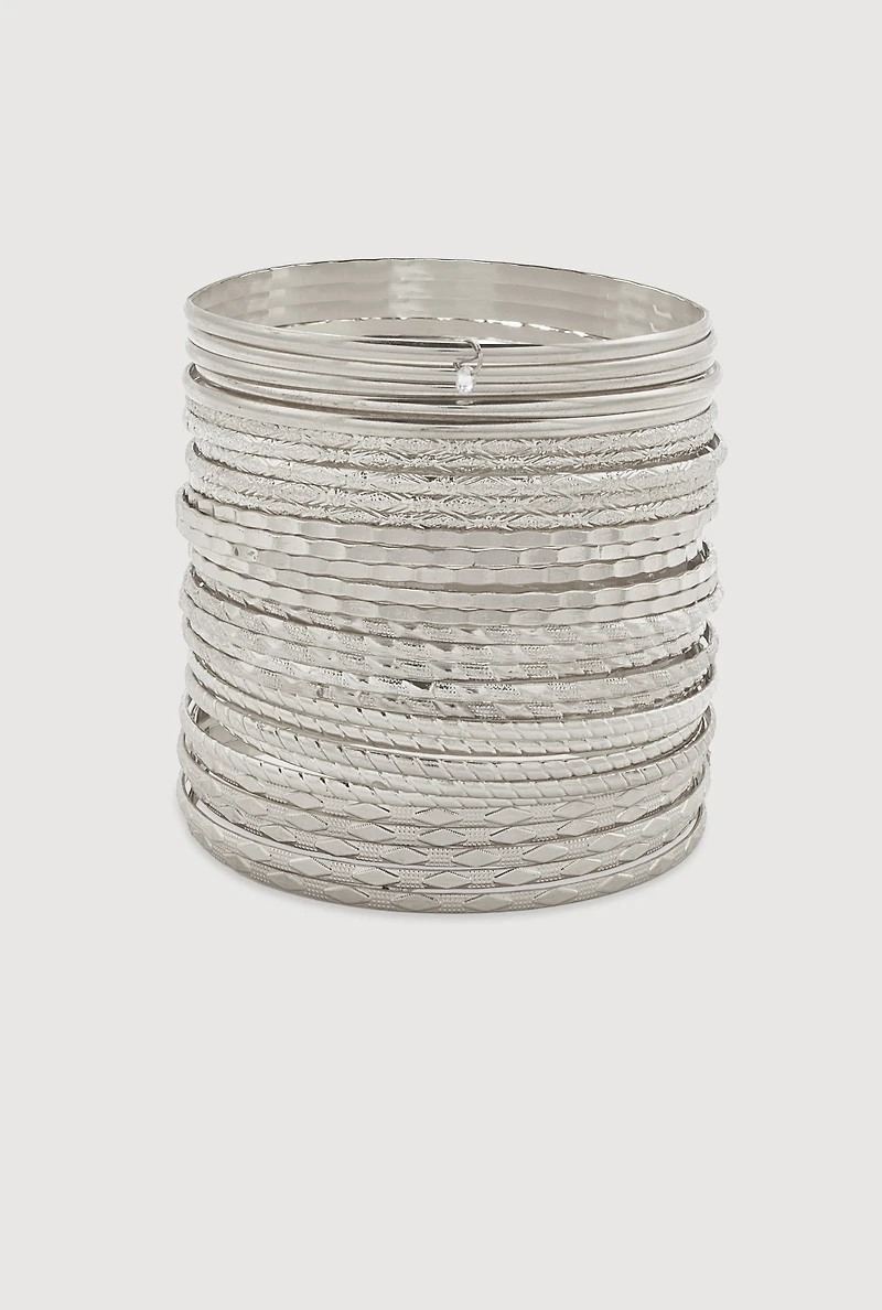 Womens Plus Size Metallic Bangles Set of 30, Silver