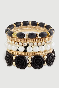 Beaded Faux Pearl Metallic Rhinestone Stretch Bracelets Set of 6