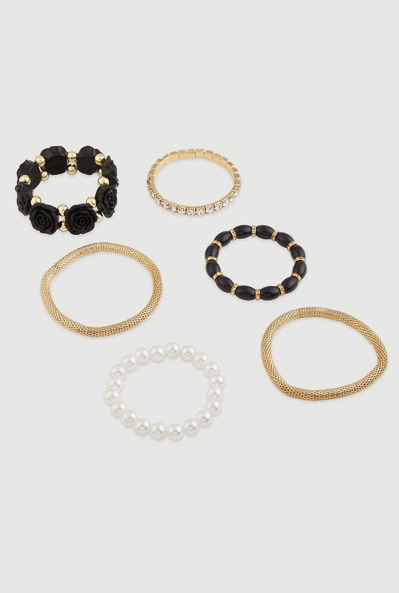 Beaded Faux Pearl Metallic Rhinestone Stretch Bracelets Set of 6