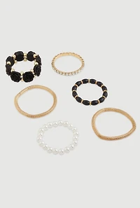 Beaded Faux Pearl Metallic Rhinestone Stretch Bracelets Set of 6