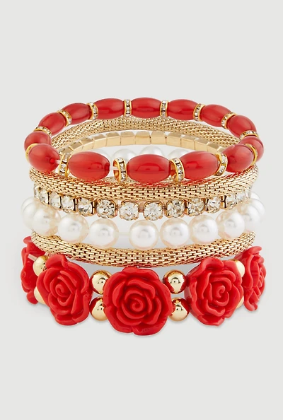 Beaded Faux Pearl Metallic Rhinestone Stretch Bracelets Set of 6