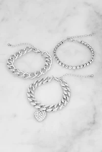 Heart Rhinestone Charm Chain Bracelet Trio