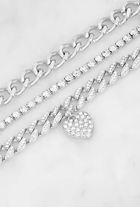 Heart Rhinestone Charm Chain Bracelet Trio