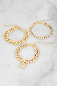 Womens Heart Rhinestone Charm Chain Bracelet Trio, Gold