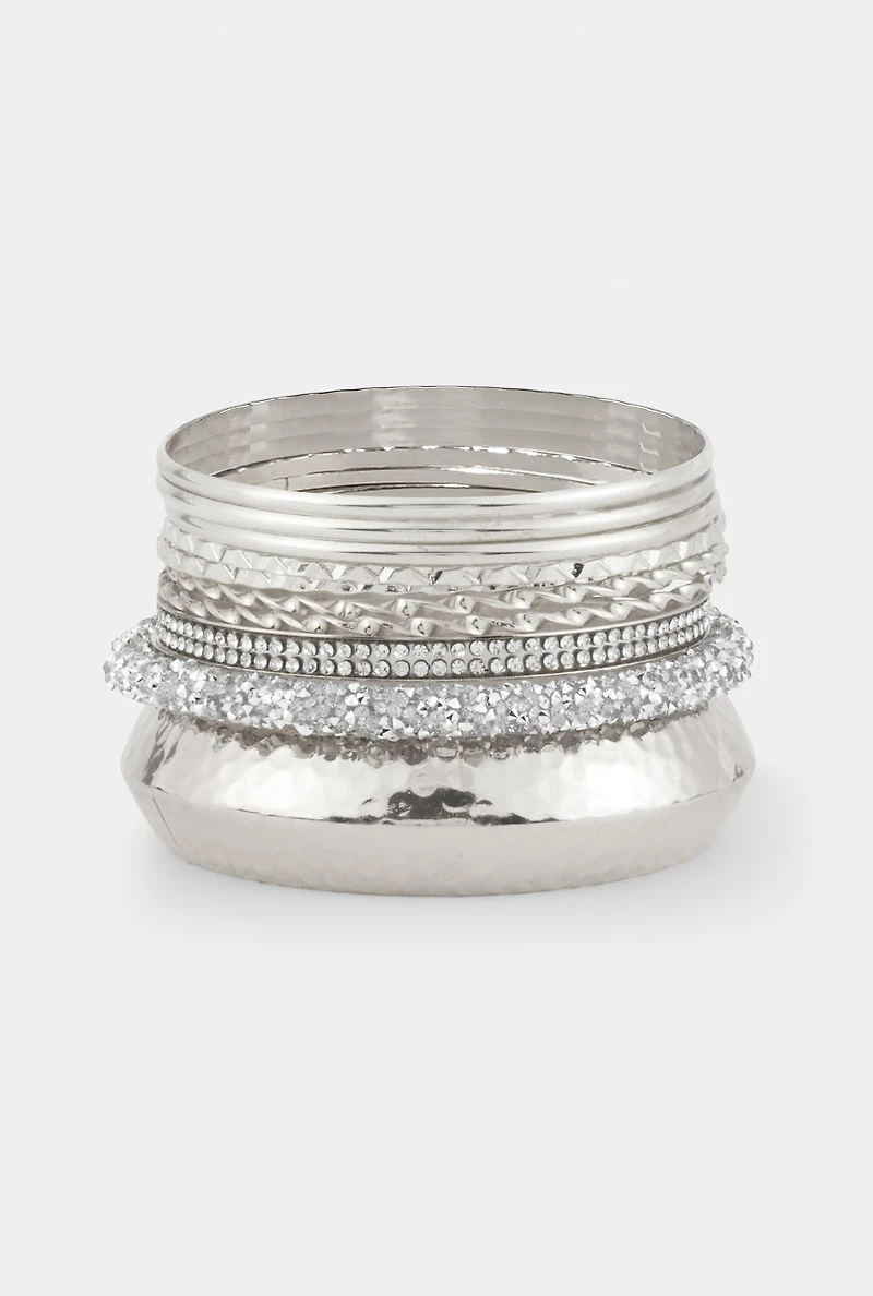Plus Size Assorted Rhinestone Metallic Bangle Set of 10