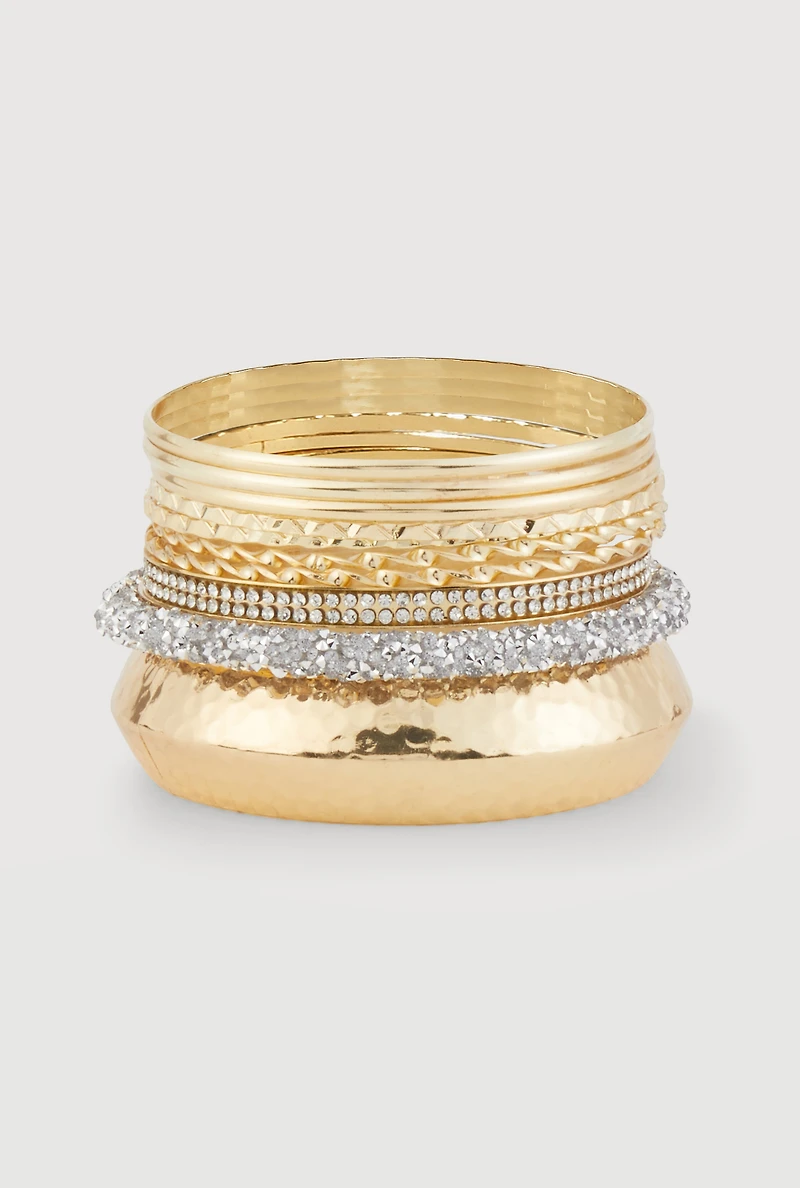 Womens Plus Size Assorted Rhinestone Metallic Bangle Set of 10, Gold