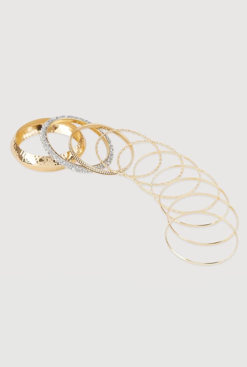 Plus Size Assorted Rhinestone Metallic Bangle Set of 10