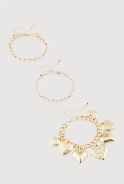 Womens Cubic Zirconia Assorted Metallic Bracelets Set of 3, Gold