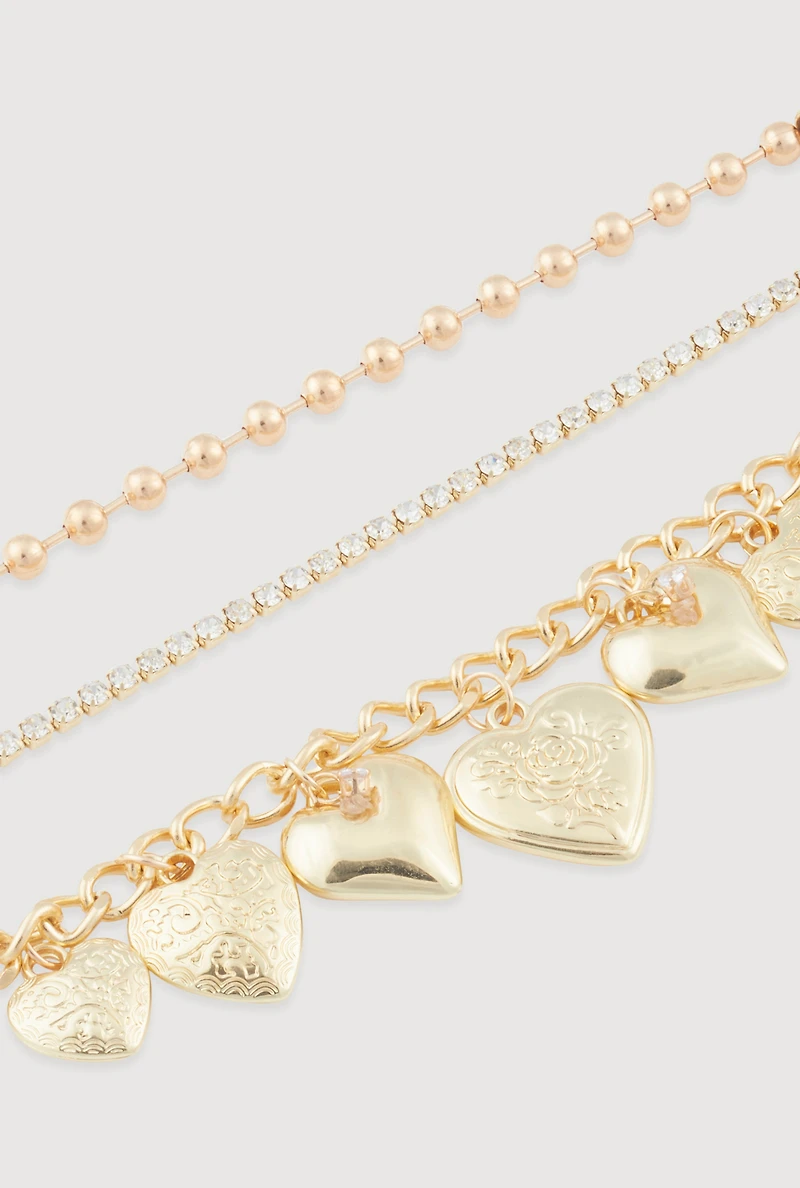 Womens Cubic Zirconia Assorted Metallic Bracelets Set of 3, Gold