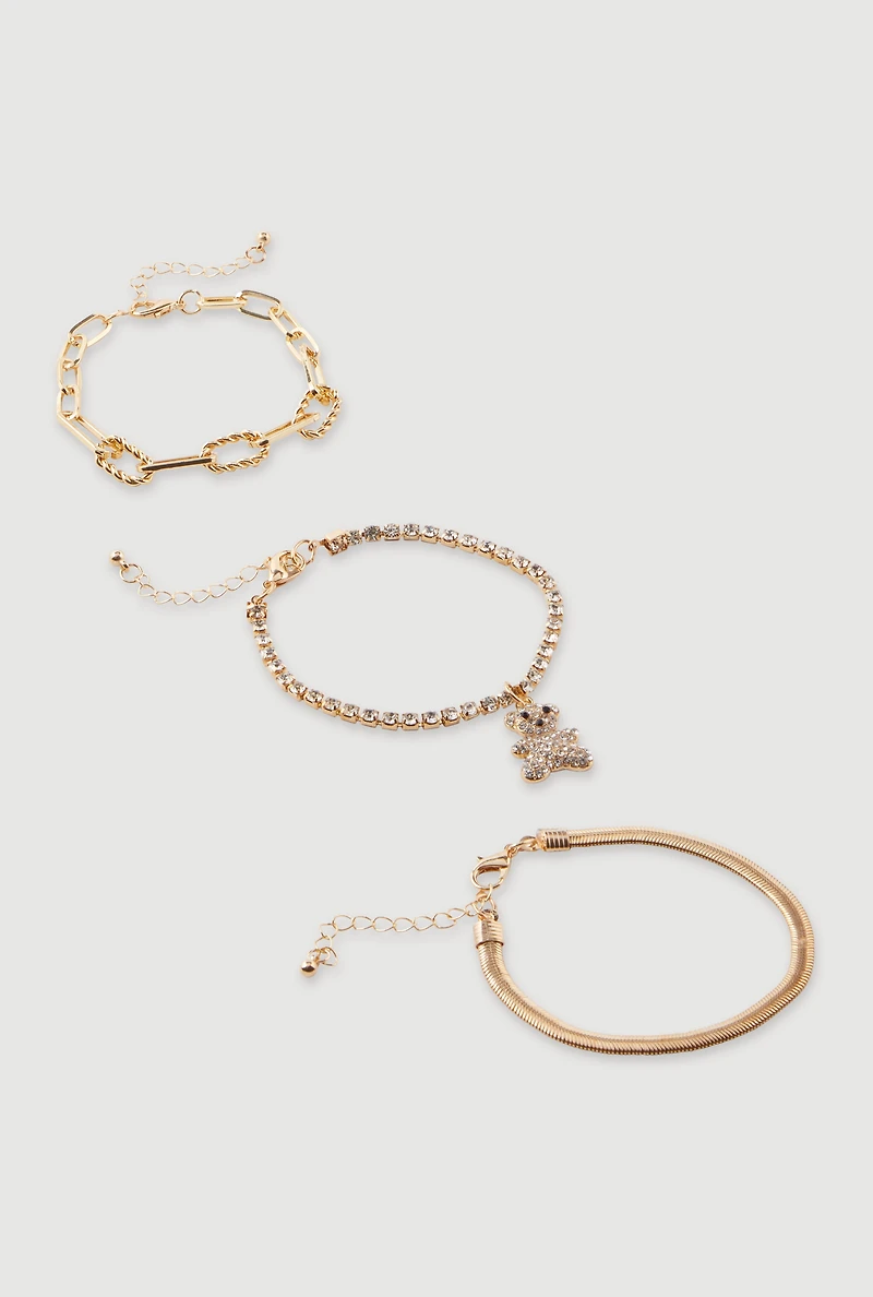 Womens Rhinestone Bear Charm Bracelet Trio, Gold