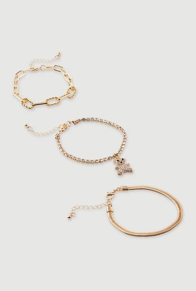 Womens Rhinestone Bear Charm Bracelet Trio, Gold