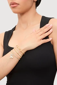 Womens Rhinestone Bear Charm Bracelet Trio, Gold