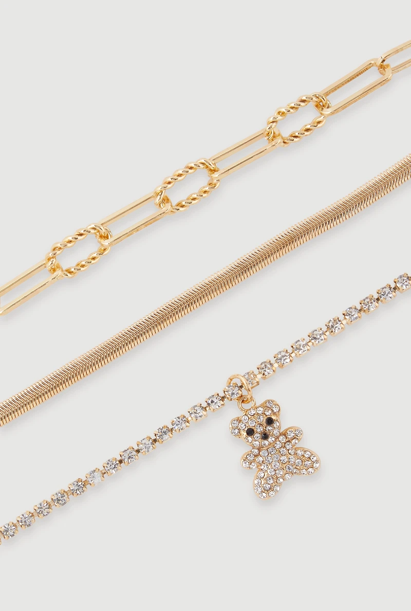 Womens Rhinestone Bear Charm Bracelet Trio, Gold