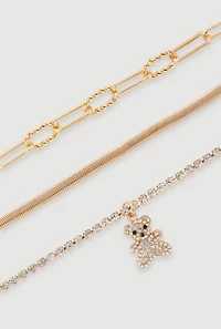 Womens Rhinestone Bear Charm Bracelet Trio, Gold