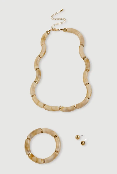 Marbled Resin Tube Necklace and Bracelet with Stud Earrings