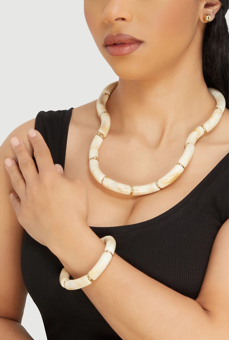 Marbled Resin Tube Necklace and Bracelet with Stud Earrings