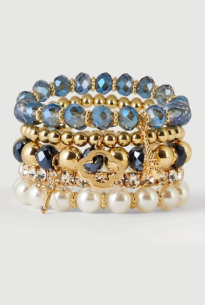 Metallic Charm Beaded Stretch Bracelets Set of 5