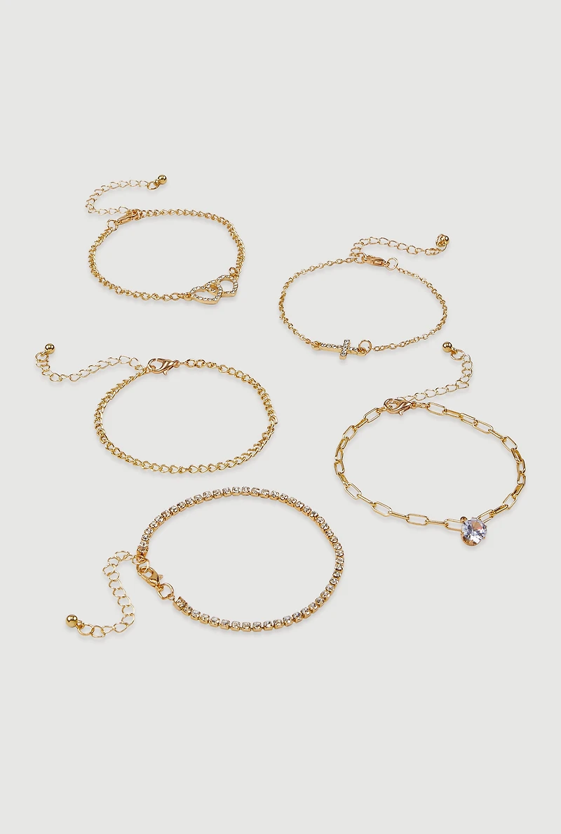 Womens Rhinestone Heart Pendant Bracelets Set of 5, Gold