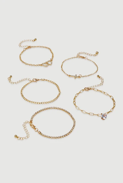 Womens Rhinestone Heart Pendant Bracelets Set of 5, Gold