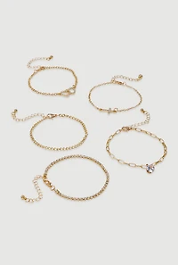 Womens Rhinestone Heart Pendant Bracelets Set of 5, Gold