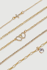 Womens Rhinestone Heart Pendant Bracelets Set of 5, Gold