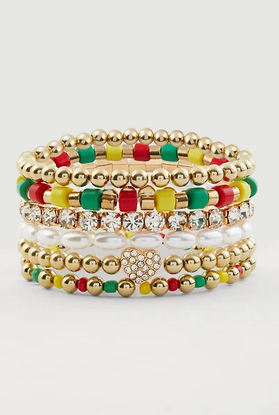 Pearl Rhinestone Studded Color Blocked Beaded Stretch Bracelets