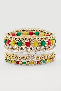 Pearl Rhinestone Studded Color Blocked Beaded Stretch Bracelets