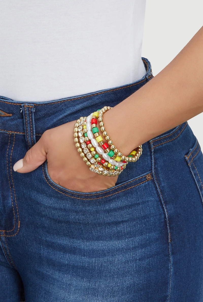 Pearl Rhinestone Studded Color Blocked Beaded Stretch Bracelets