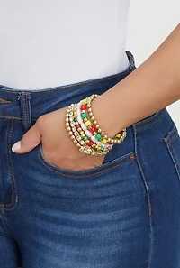 Pearl Rhinestone Studded Color Blocked Beaded Stretch Bracelets