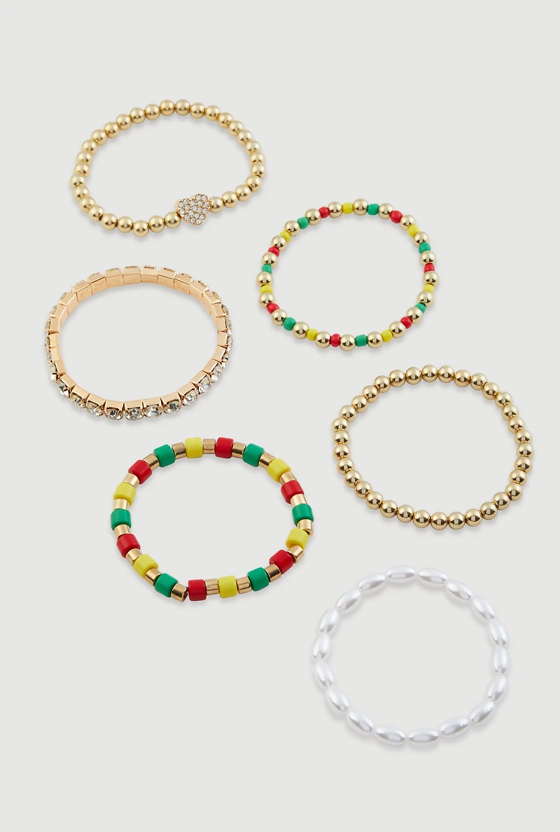 Pearl Rhinestone Studded Color Blocked Beaded Stretch Bracelets