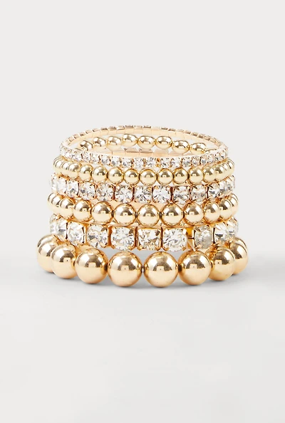 Rhinestone Metallic Beaded Stretch Bracelets Set of 6