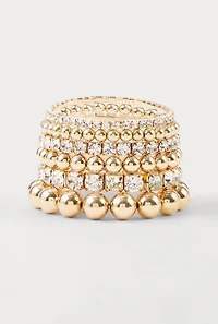 Rhinestone Metallic Beaded Stretch Bracelets Set of 6