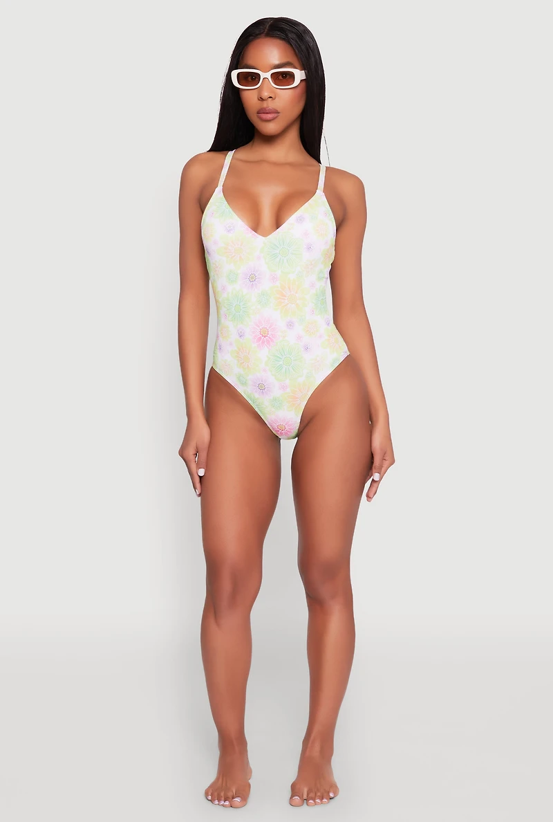Womens Flower Print One Piece Swimsuit, Multi, Size M