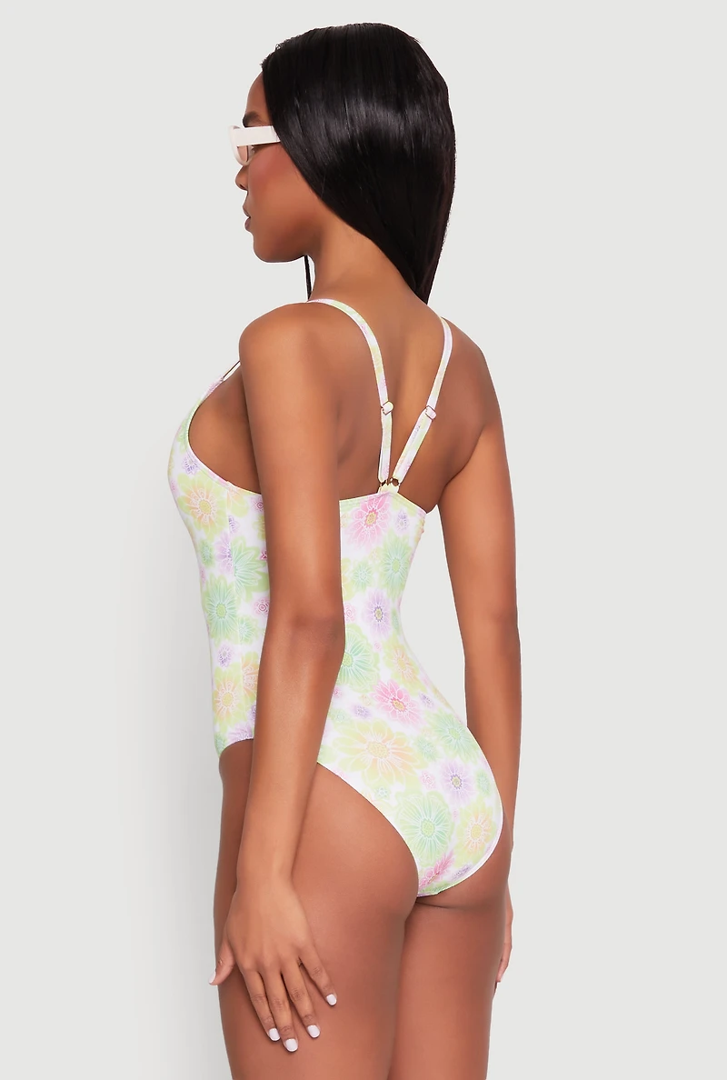 Womens Flower Print One Piece Swimsuit, Multi, Size M