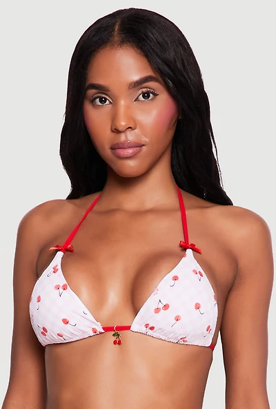 Cherry Gingham Triangle Swim Bikini Top with Charm