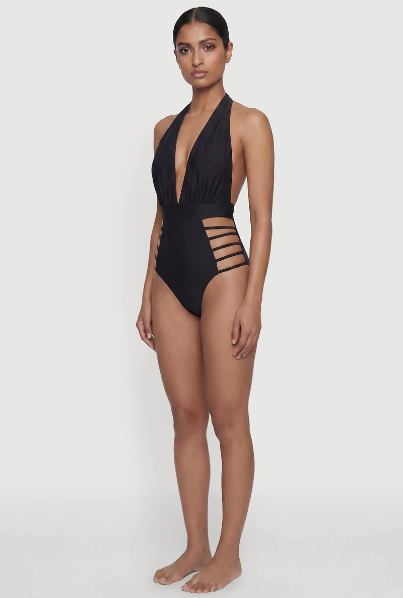 Side Caged Tie Back Halter Neck One Piece Swimsuit