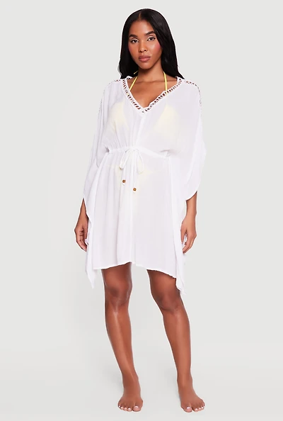 Crochet Detail Drawstring Waist Cover Up Kimono