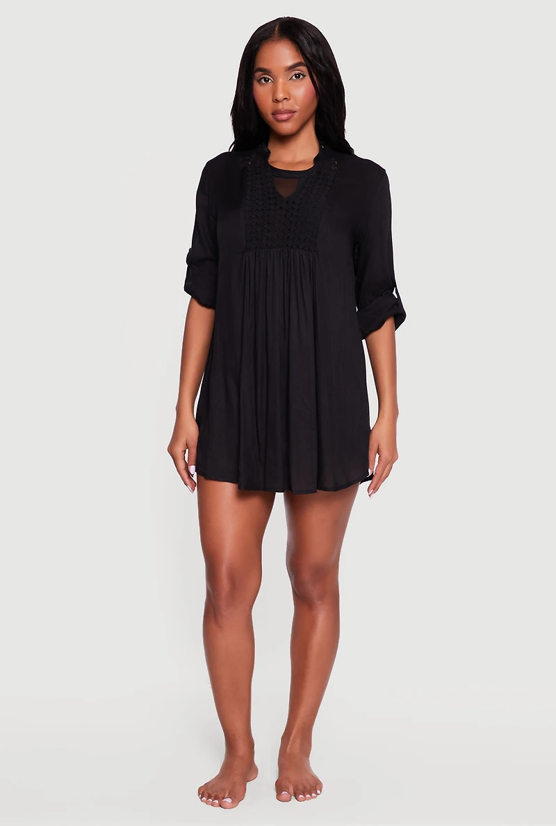 Crochet Detail Tabbed Sleeve Swim Cover Up