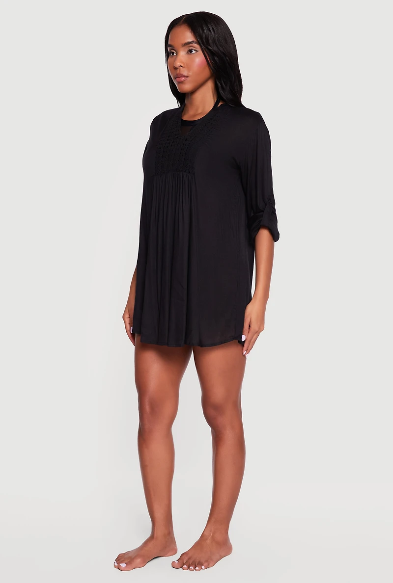 Crochet Detail Tabbed Sleeve Swim Cover Up