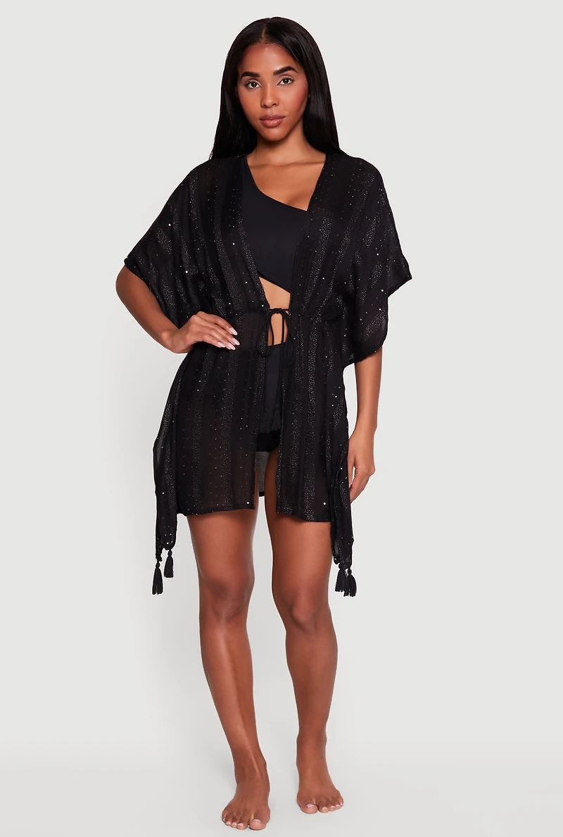 Sequin Detail Tie Front Cover Up Kimono