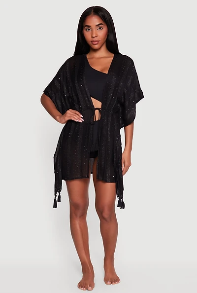 Sequin Detail Tie Front Cover Up Kimono