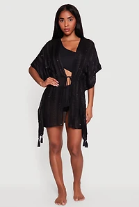 Sequin Detail Tie Front Cover Up Kimono