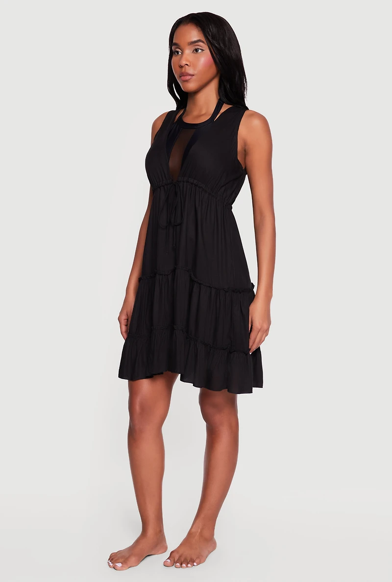 Drawstring Tie Front Ruffle Tiered Cover Up Dress