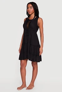 Drawstring Tie Front Ruffle Tiered Cover Up Dress
