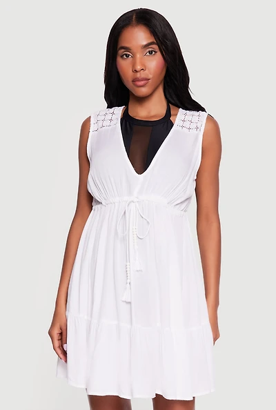 Crochet Detail Drawstring Tie Front Cover Up Dress